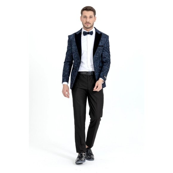 Derman Blue Floral Patterned Silvery Fabric Tuxedo - Picture 4 of 7